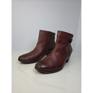 Mephisto Congac Brown Ankle Boots Sz 9 Leather Classic Side Zip Low Heel Buckle